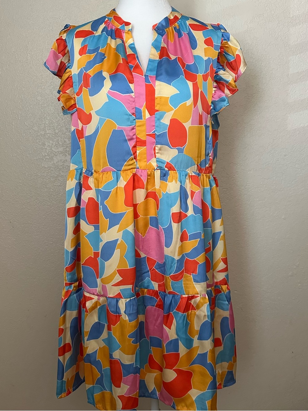 Women’s Multicolor Abstract Print Ruffle Sleeve Dress Size Large